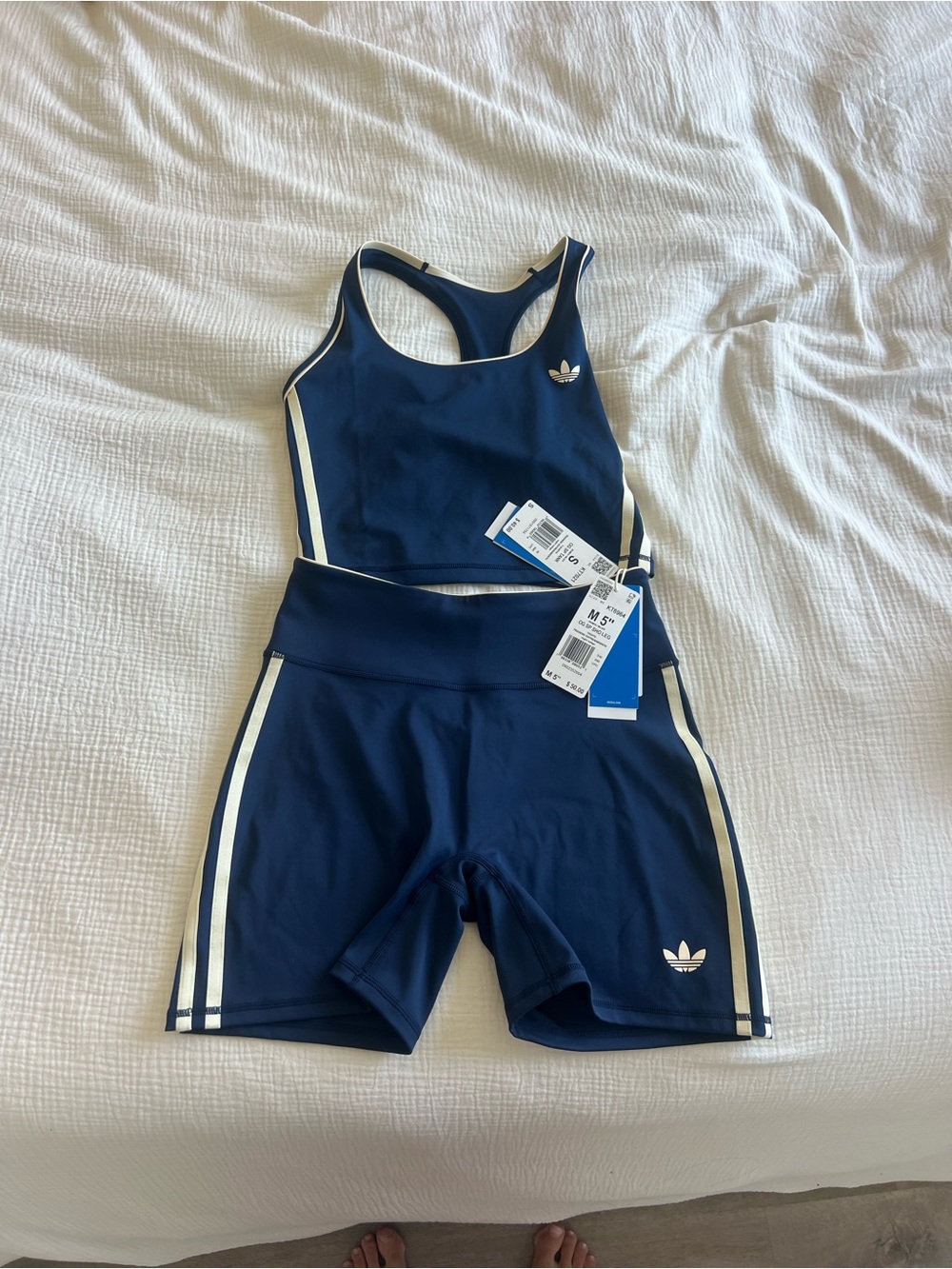 adidas Navy & light yellow Racerback cropped tank with Matching Bike Shorts